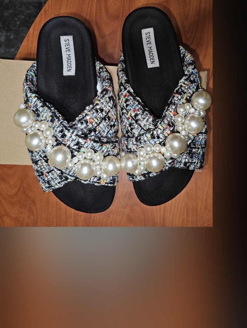 Steve Madden ALEYA Black Tweed Pearl-Embellished SlideS